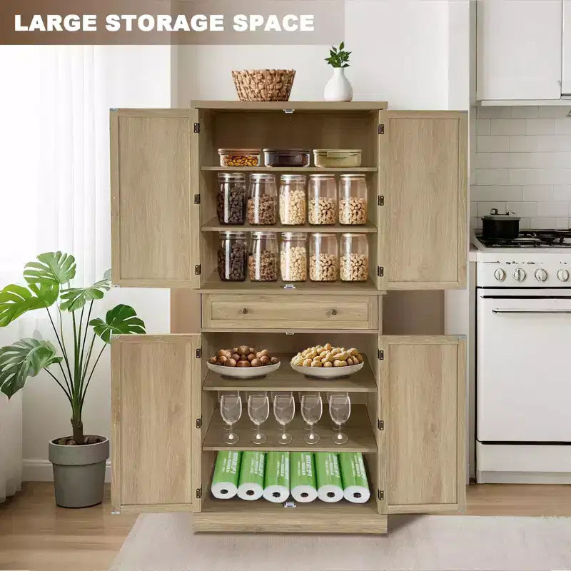 Armoire de garde-manger de ferme couleur bois de 72 po, armoire de rangement haute de cuisine à 4 portes avec étagères réglables et tiroir pour salle à manger/salon
