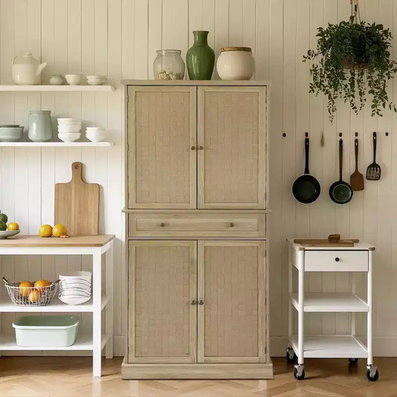 Armoire de garde-manger de ferme couleur bois de 72 po, armoire de rangement haute de cuisine à 4 portes avec étagères réglables et tiroir pour salle à manger/salon
