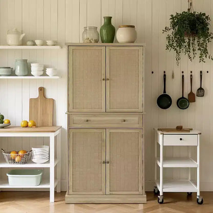Armoire de garde-manger de ferme couleur bois de 72 po, armoire de rangement haute de cuisine à 4 portes avec étagères réglables et tiroir pour salle à manger/salon