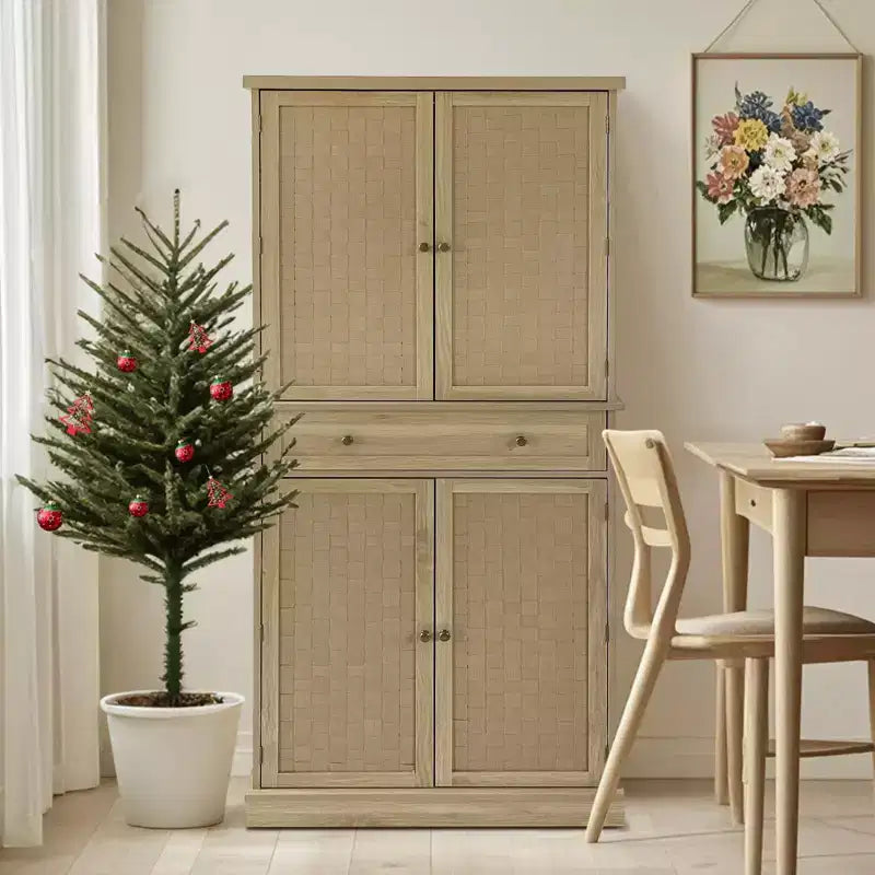 Armoire de garde-manger de ferme couleur bois de 72 po, armoire de rangement haute de cuisine à 4 portes avec étagères réglables et tiroir pour salle à manger/salon