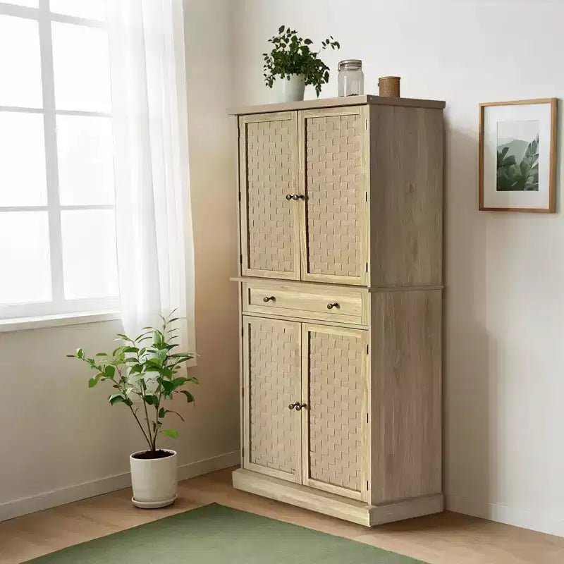 Armoire de garde-manger de ferme couleur bois de 72 po, armoire de rangement haute de cuisine à 4 portes avec étagères réglables et tiroir pour salle à manger/salon