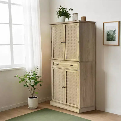 Armoire de garde-manger de ferme couleur bois de 72 po, armoire de rangement haute de cuisine à 4 portes avec étagères réglables et tiroir pour salle à manger/salon