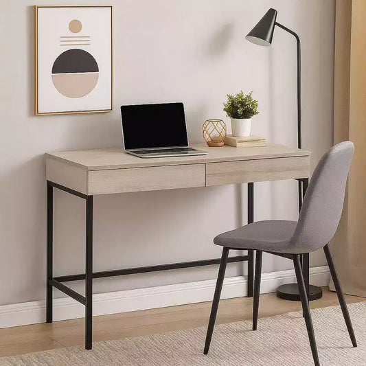 Royal Hampton Wooden Desk with 2 Drawers and Metal Frame, Washed White and Black