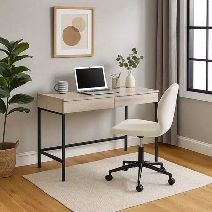 Bureau en bois Royal Hampton avec 2 tiroirs et cadre en métal, blanc délavé et noir