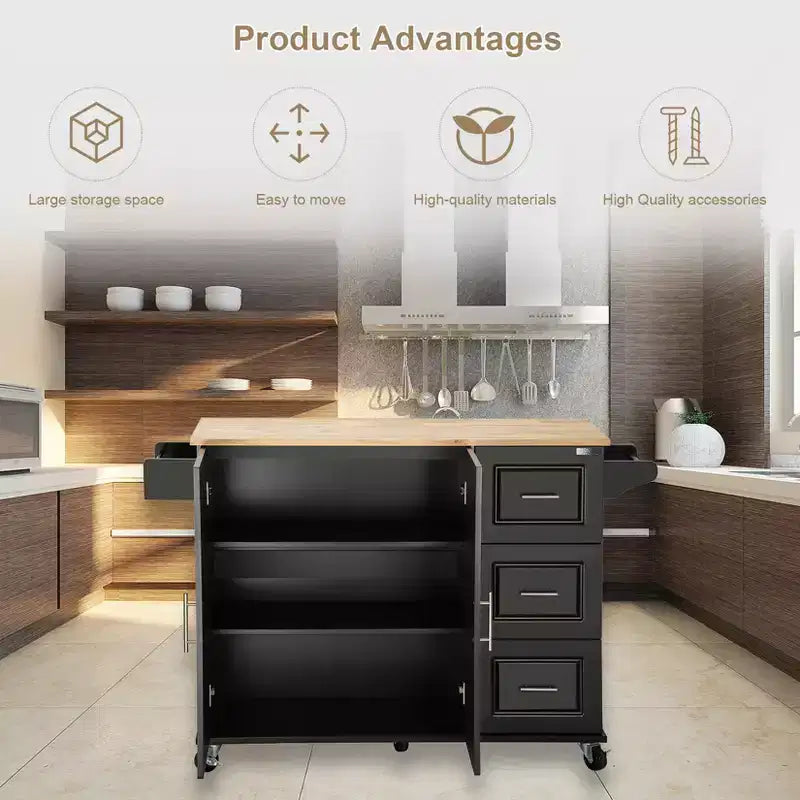 2 îlots de cuisine en MDF et chariot de cuisine roulant - Îlot de cuisine mobile avec plateau en caoutchouc extensible