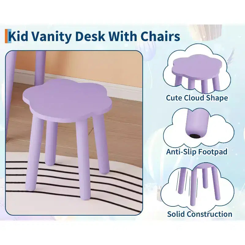 Coiffeuse pour enfants GustoWave avec lumières, bureau de maquillage en bois en forme d'ours avec miroir et tabouret, table de toilette parfaite pour chambre de petite princesse
