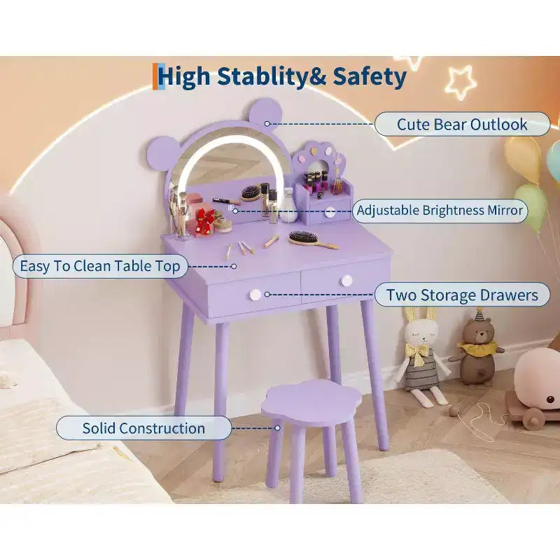 Coiffeuse pour enfants GustoWave avec lumières, bureau de maquillage en bois en forme d'ours avec miroir et tabouret, table de toilette parfaite pour chambre de petite princesse