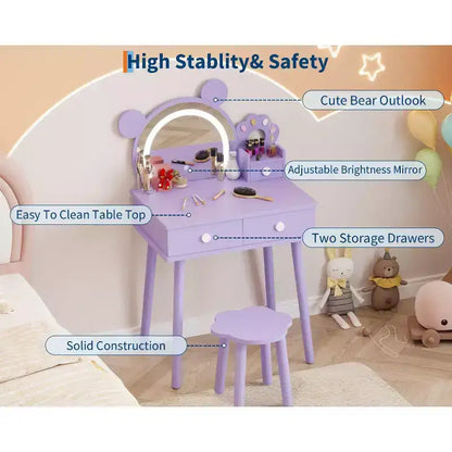 Coiffeuse pour enfants GustoWave avec lumières, bureau de maquillage en bois en forme d'ours avec miroir et tabouret, table de toilette parfaite pour chambre de petite princesse