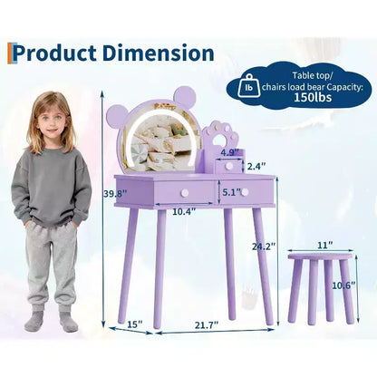 Coiffeuse pour enfants GustoWave avec lumières, bureau de maquillage en bois en forme d'ours avec miroir et tabouret, table de toilette parfaite pour chambre de petite princesse