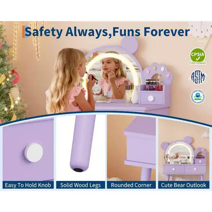 Coiffeuse pour enfants GustoWave avec lumières, bureau de maquillage en bois en forme d'ours avec miroir et tabouret, table de toilette parfaite pour chambre de petite princesse