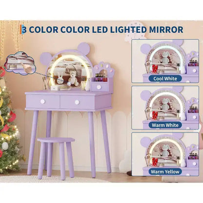 Coiffeuse pour enfants GustoWave avec lumières, bureau de maquillage en bois en forme d'ours avec miroir et tabouret, table de toilette parfaite pour chambre de petite princesse