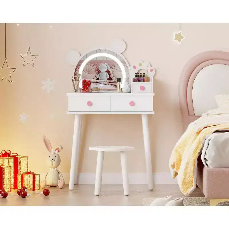 Coiffeuse pour enfants GustoWave avec lumières, bureau de maquillage en bois en forme d'ours avec miroir et tabouret, table de toilette parfaite pour chambre de petite princesse