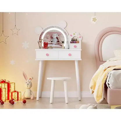 Coiffeuse pour enfants GustoWave avec lumières, bureau de maquillage en bois en forme d'ours avec miroir et tabouret, table de toilette parfaite pour chambre de petite princesse