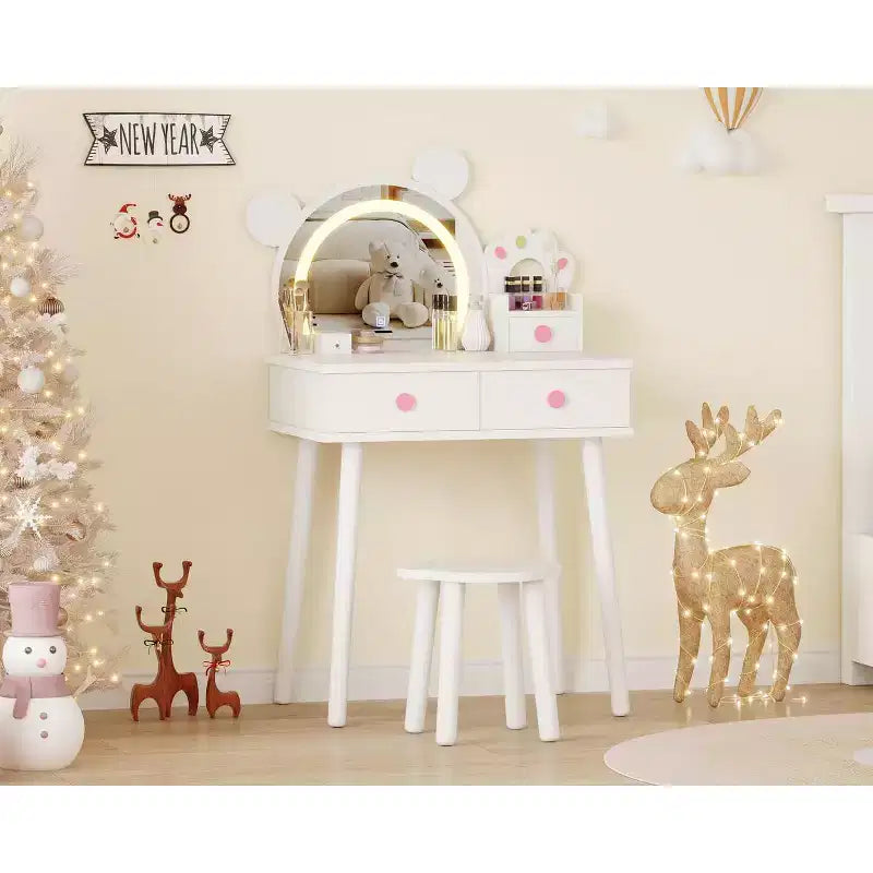 Coiffeuse pour enfants GustoWave avec lumières, bureau de maquillage en bois en forme d'ours avec miroir et tabouret, table de toilette parfaite pour chambre de petite princesse