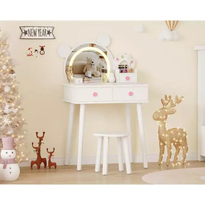 Coiffeuse pour enfants GustoWave avec lumières, bureau de maquillage en bois en forme d'ours avec miroir et tabouret, table de toilette parfaite pour chambre de petite princesse