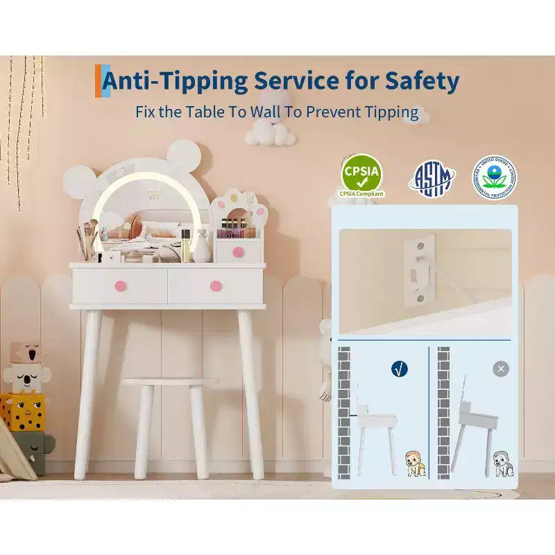 Coiffeuse pour enfants GustoWave avec lumières, bureau de maquillage en bois en forme d'ours avec miroir et tabouret, table de toilette parfaite pour chambre de petite princesse
