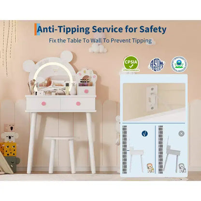 Coiffeuse pour enfants GustoWave avec lumières, bureau de maquillage en bois en forme d'ours avec miroir et tabouret, table de toilette parfaite pour chambre de petite princesse