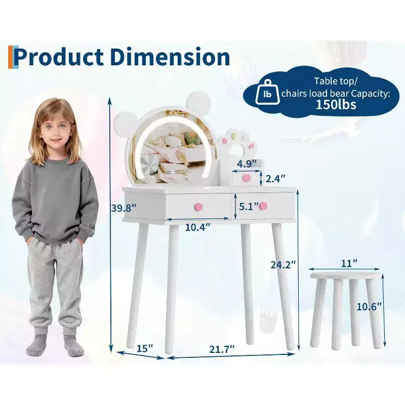 Coiffeuse pour enfants GustoWave avec lumières, bureau de maquillage en bois en forme d'ours avec miroir et tabouret, table de toilette parfaite pour chambre de petite princesse