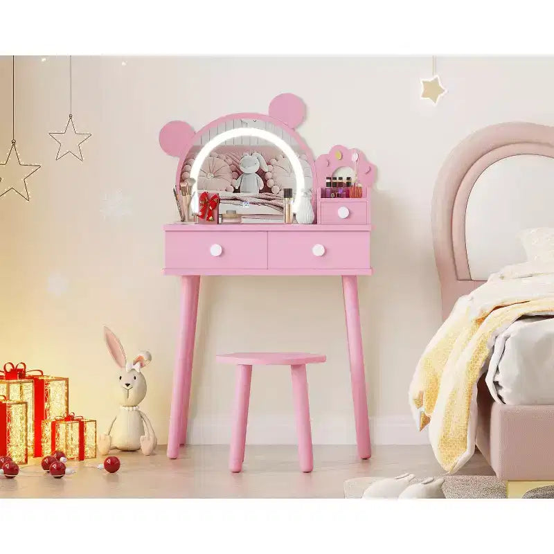 Coiffeuse pour enfants GustoWave avec lumières, bureau de maquillage en bois en forme d'ours avec miroir et tabouret, table de toilette parfaite pour chambre de petite princesse