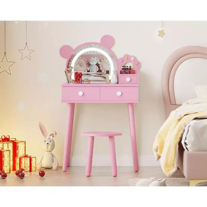 Coiffeuse pour enfants GustoWave avec lumières, bureau de maquillage en bois en forme d'ours avec miroir et tabouret, table de toilette parfaite pour chambre de petite princesse