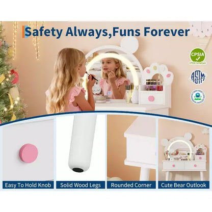 Coiffeuse pour enfants GustoWave avec lumières, bureau de maquillage en bois en forme d'ours avec miroir et tabouret, table de toilette parfaite pour chambre de petite princesse