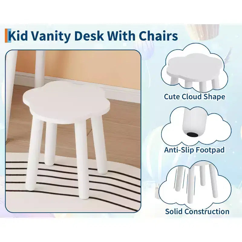 Coiffeuse pour enfants GustoWave avec lumières, bureau de maquillage en bois en forme d'ours avec miroir et tabouret, table de toilette parfaite pour chambre de petite princesse