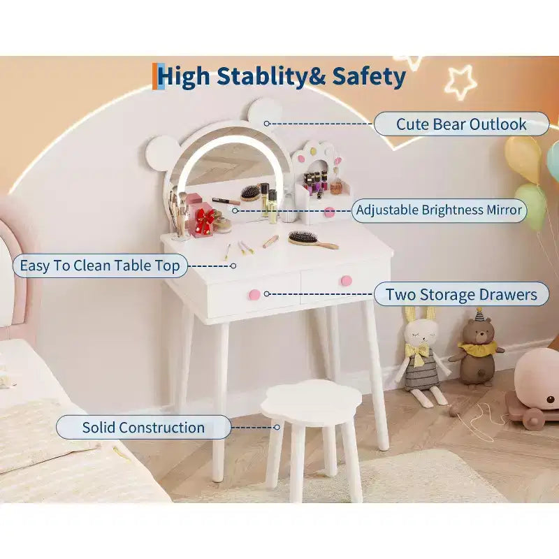 Coiffeuse pour enfants GustoWave avec lumières, bureau de maquillage en bois en forme d'ours avec miroir et tabouret, table de toilette parfaite pour chambre de petite princesse