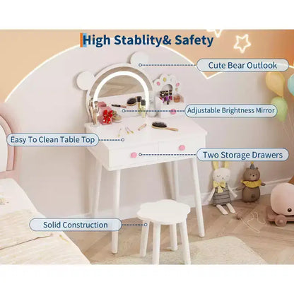 Coiffeuse pour enfants GustoWave avec lumières, bureau de maquillage en bois en forme d'ours avec miroir et tabouret, table de toilette parfaite pour chambre de petite princesse