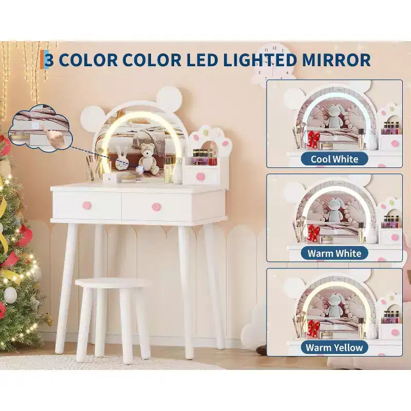 Coiffeuse pour enfants GustoWave avec lumières, bureau de maquillage en bois en forme d'ours avec miroir et tabouret, table de toilette parfaite pour chambre de petite princesse