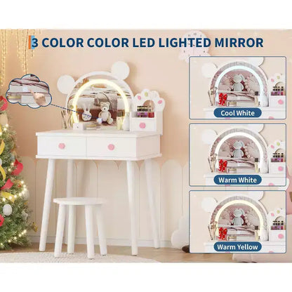 Coiffeuse pour enfants GustoWave avec lumières, bureau de maquillage en bois en forme d'ours avec miroir et tabouret, table de toilette parfaite pour chambre de petite princesse