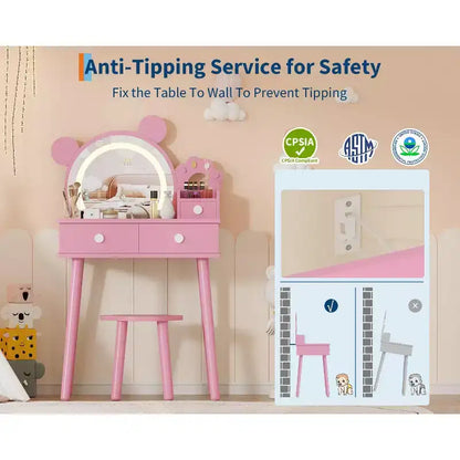 Coiffeuse pour enfants GustoWave avec lumières, bureau de maquillage en bois en forme d'ours avec miroir et tabouret, table de toilette parfaite pour chambre de petite princesse