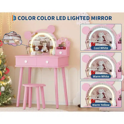 Coiffeuse pour enfants GustoWave avec lumières, bureau de maquillage en bois en forme d'ours avec miroir et tabouret, table de toilette parfaite pour chambre de petite princesse