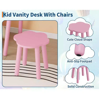 Coiffeuse pour enfants GustoWave avec lumières, bureau de maquillage en bois en forme d'ours avec miroir et tabouret, table de toilette parfaite pour chambre de petite princesse