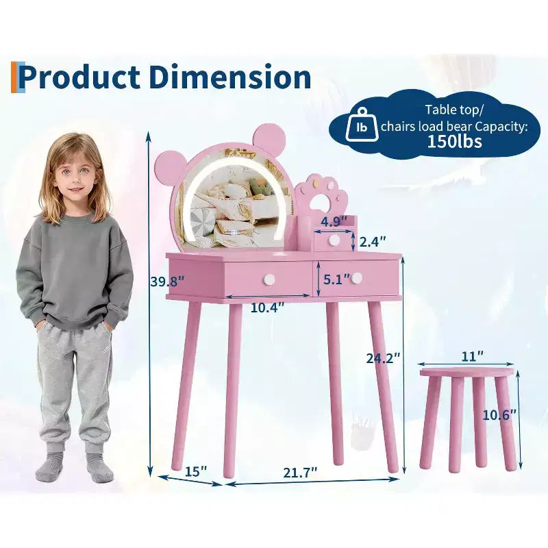 Coiffeuse pour enfants GustoWave avec lumières, bureau de maquillage en bois en forme d'ours avec miroir et tabouret, table de toilette parfaite pour chambre de petite princesse