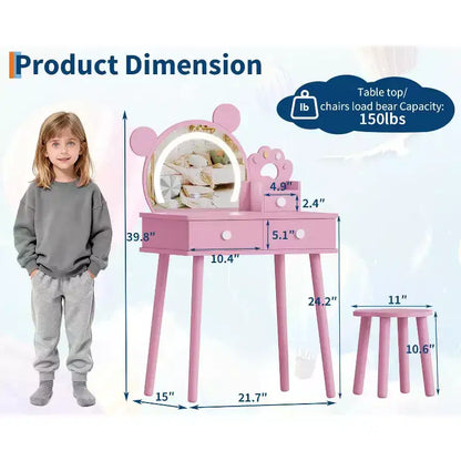 Coiffeuse pour enfants GustoWave avec lumières, bureau de maquillage en bois en forme d'ours avec miroir et tabouret, table de toilette parfaite pour chambre de petite princesse