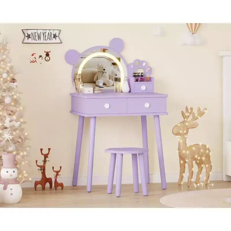 Coiffeuse pour enfants GustoWave avec lumières, bureau de maquillage en bois en forme d'ours avec miroir et tabouret, table de toilette parfaite pour chambre de petite princesse