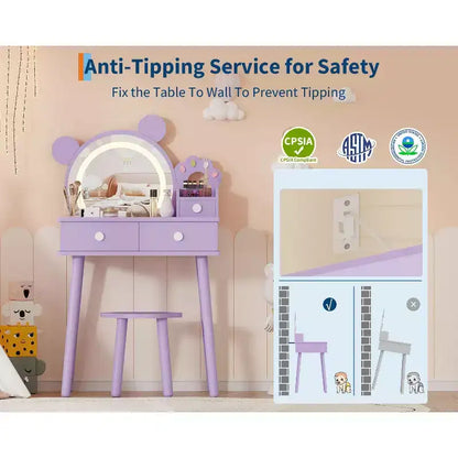 Coiffeuse pour enfants GustoWave avec lumières, bureau de maquillage en bois en forme d'ours avec miroir et tabouret, table de toilette parfaite pour chambre de petite princesse