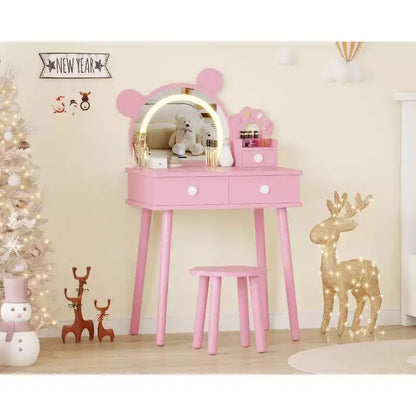 GustoWave Kids Vanity Set with Lights  Bear-Shaped Wooden Makeup Desk with Mirror & Stool, Perfect Toddler Princess Vanity Table for Bedroom