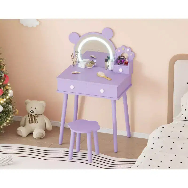 Coiffeuse pour enfants GustoWave avec lumières, bureau de maquillage en bois en forme d'ours avec miroir et tabouret, table de toilette parfaite pour chambre de petite princesse