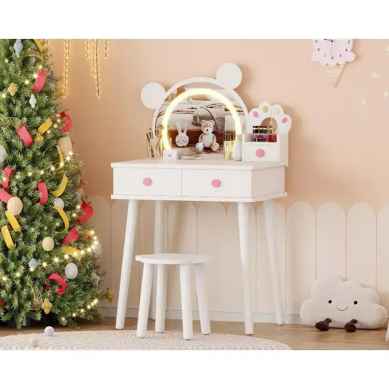 Coiffeuse pour enfants GustoWave avec lumières, bureau de maquillage en bois en forme d'ours avec miroir et tabouret, table de toilette parfaite pour chambre de petite princesse