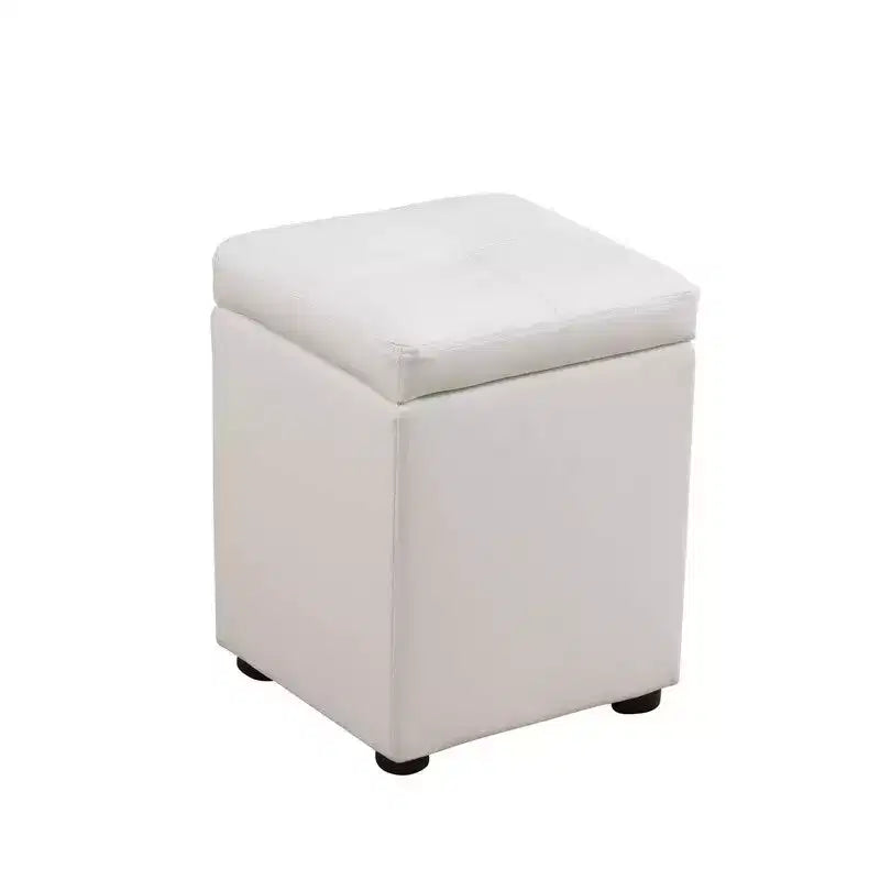 Hyleory Square White Storage Ottoman with Faux Leather Upholstery