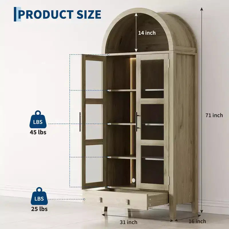 Meuble de garde-manger haut de cuisine de 71", armoire de rangement en bois avec lumières et portes en verre, vitrine polyvalente pour salon et cuisine