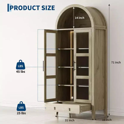 Meuble de garde-manger haut de cuisine de 71", armoire de rangement en bois avec lumières et portes en verre, vitrine polyvalente pour salon et cuisine