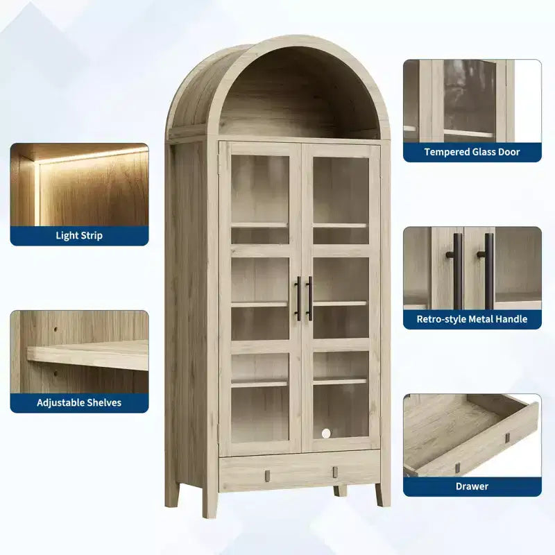 Meuble de garde-manger haut de cuisine de 71", armoire de rangement en bois avec lumières et portes en verre, vitrine polyvalente pour salon et cuisine
