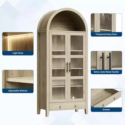 Meuble de garde-manger haut de cuisine de 71", armoire de rangement en bois avec lumières et portes en verre, vitrine polyvalente pour salon et cuisine