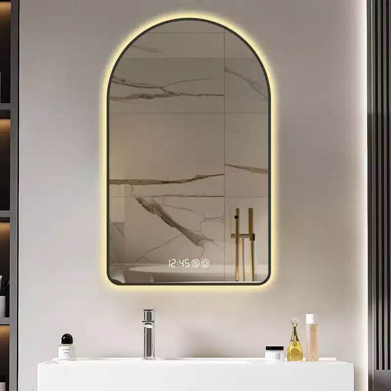 Miroirs de salle de bain LED multifonctionnels arqués 32 x 60 pouces avec trois températures de couleur pour lavabo, cadre noir