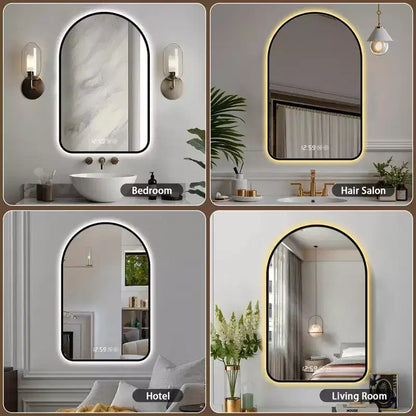 Miroirs de salle de bain LED multifonctionnels arqués 32 x 60 pouces avec trois températures de couleur pour lavabo, cadre noir