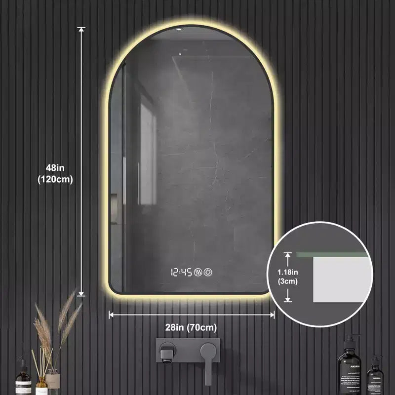 Miroirs de salle de bain LED multifonctionnels arqués 32 x 60 pouces avec trois températures de couleur pour lavabo, cadre noir