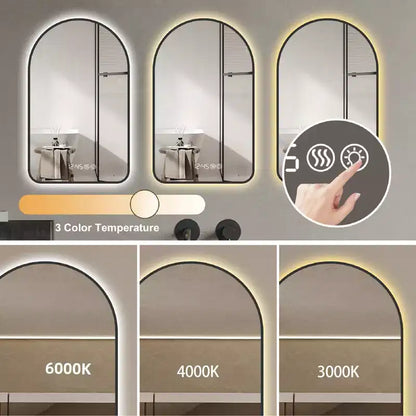 Miroirs de salle de bain LED multifonctionnels arqués 32 x 60 pouces avec trois températures de couleur pour lavabo, cadre noir