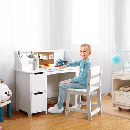 Ensemble bureau et chaise d'étude, bureau d'apprentissage pour enfants - Comprend une étagère, un tableau d'affichage, des armoires - Parfait pour les enfants de 3 à 8 ans